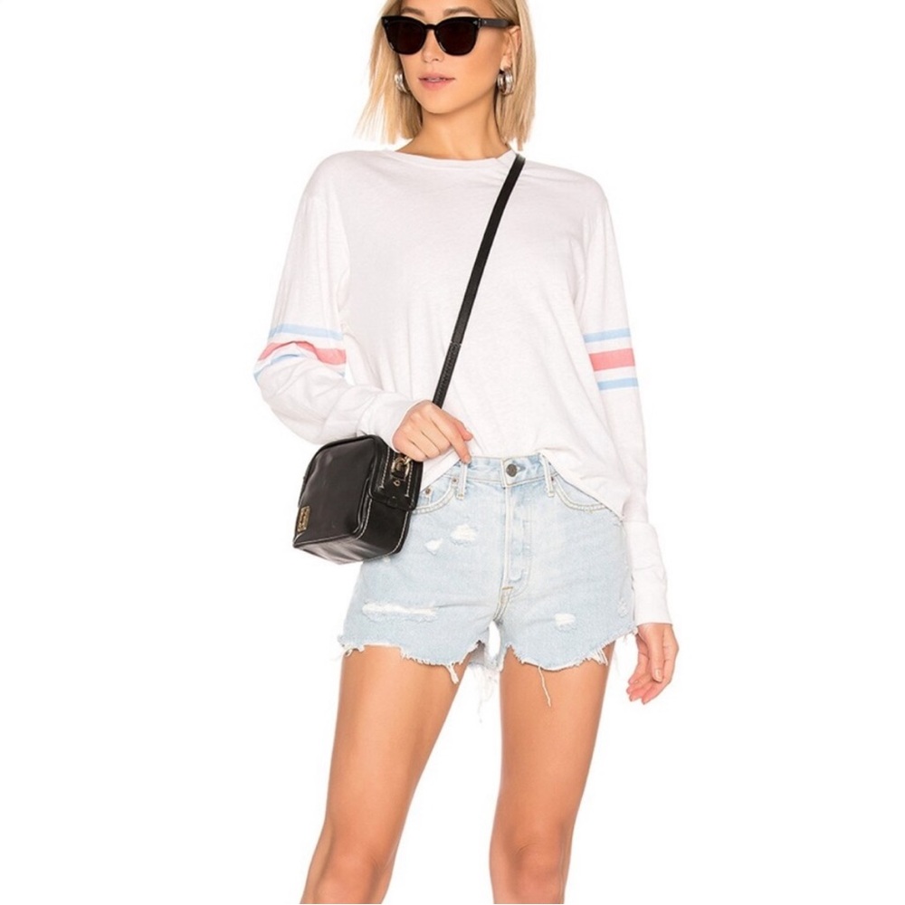 NWT GRLFRND helena LIGHT BLUE denim distressed shorts in out of time